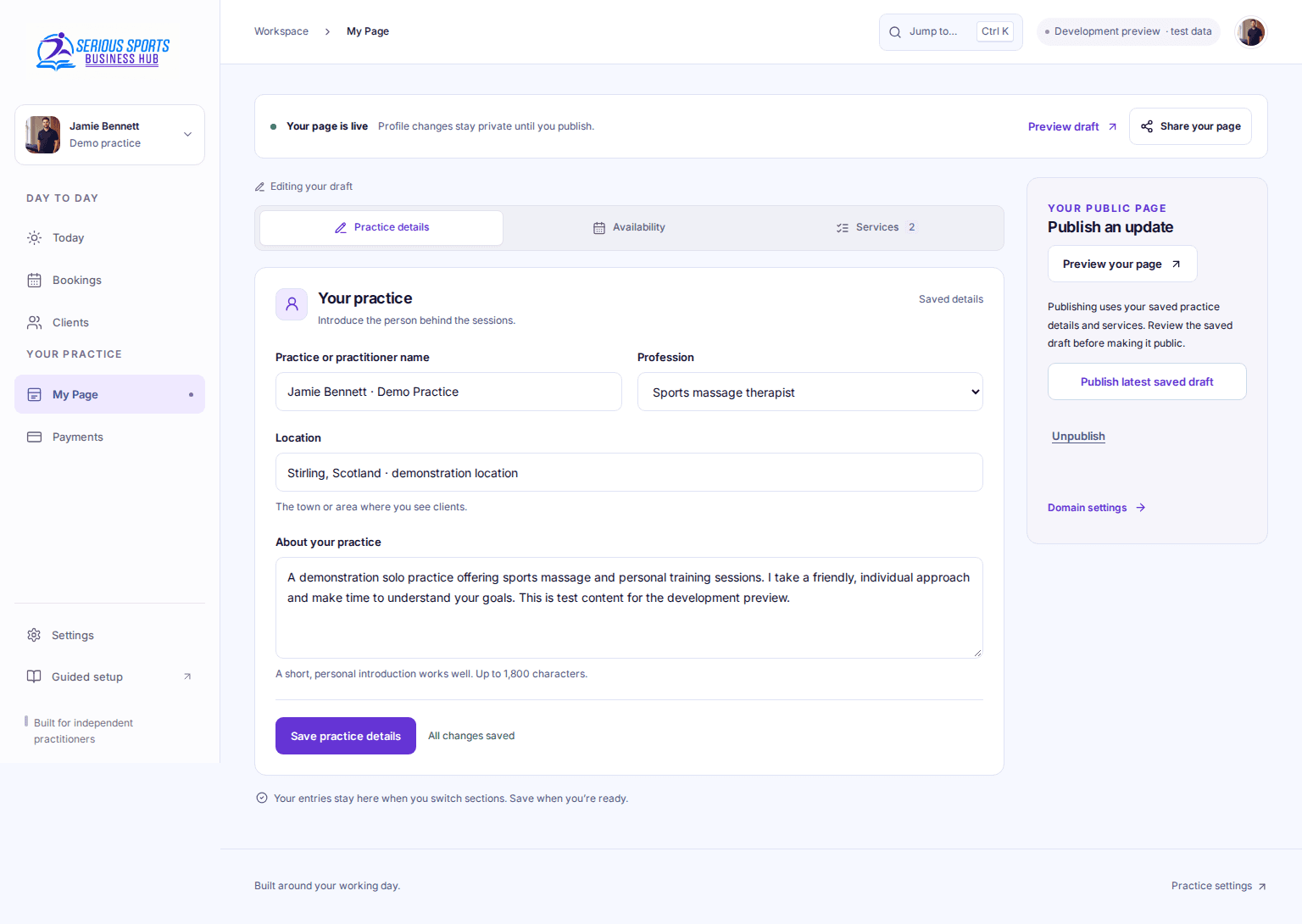 Development preview of the SSTA Business Hub practice-page editor using demonstration details