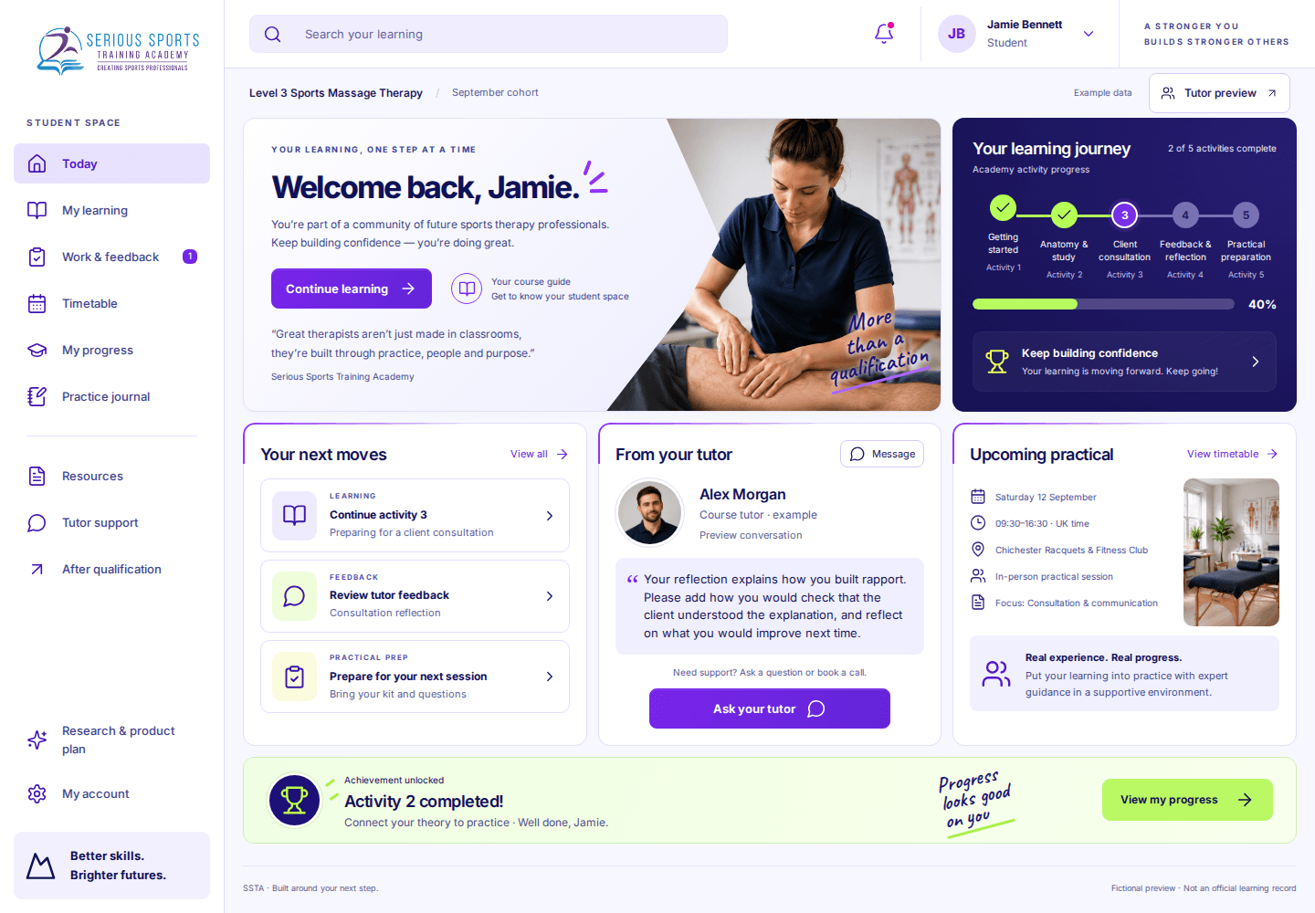 Student platform demo: learning activities, course progress and tutor support