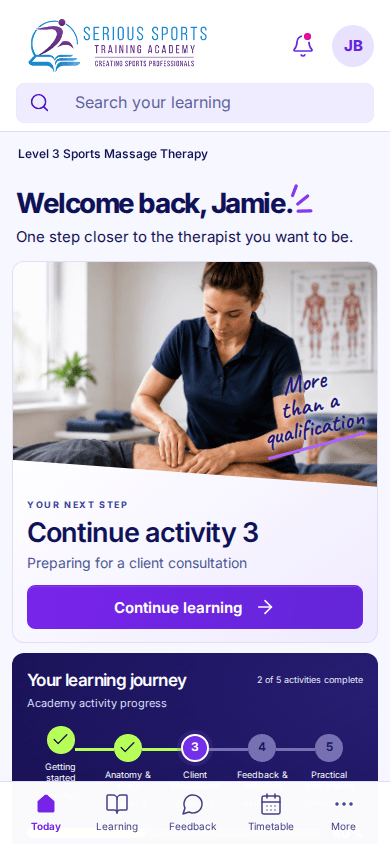 Mobile student platform demo with the next learning activity and course progress